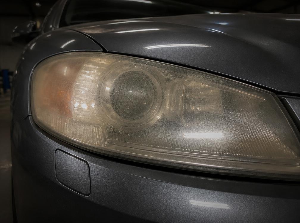 Faro auto prima del trattamento, opaco e ingiallito